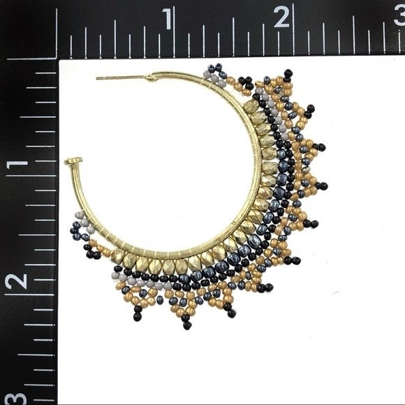 Black Grey Lace Look Seed Bead Lace Look Flair Gold Statement Hoop Earrings - Picture 2 of 3